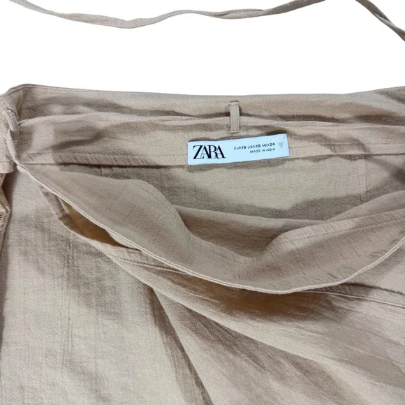 XS Zara Tan Linen Blend Lace Trim Wrap Mini Slip Skirt Boho Summer Cowgirl - Picture 4 of 5